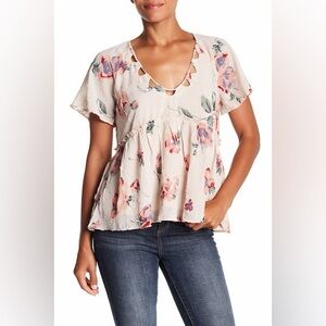 Lucky Brand Cream Floral Peplum Top with Pink and Blue Blooms